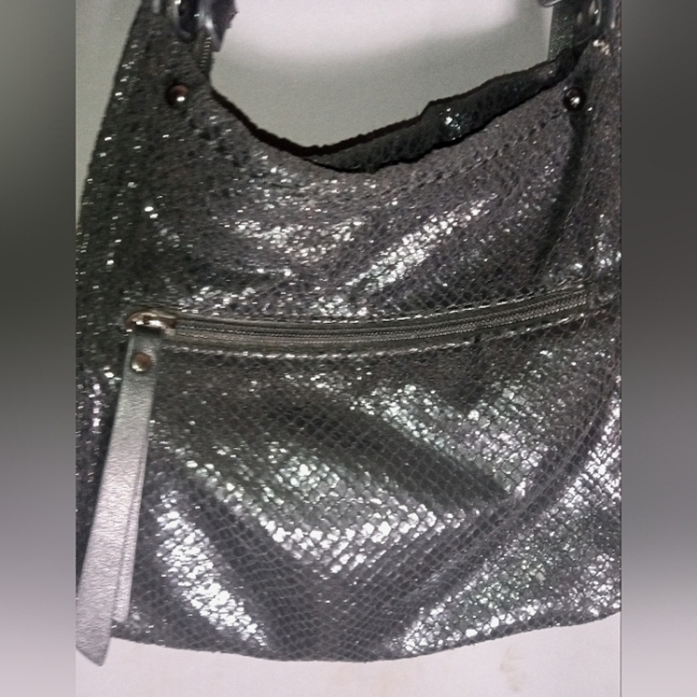 Sondra Roberts Squared shiny faux snakeskin shoulder purse w/ exterior zip pouch